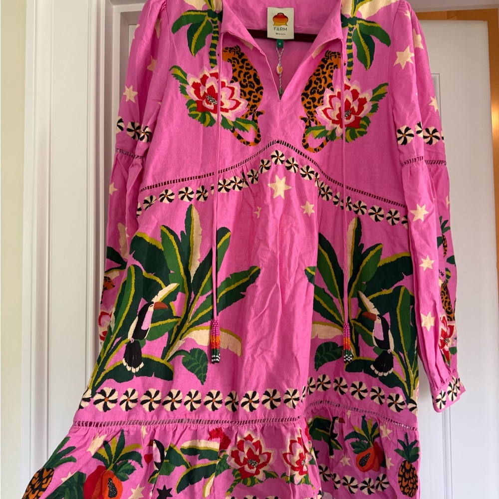 FARM Rio Pink “Leopard Forest Mini Dress” Tropical Green Leaf Women’s NEW NWT